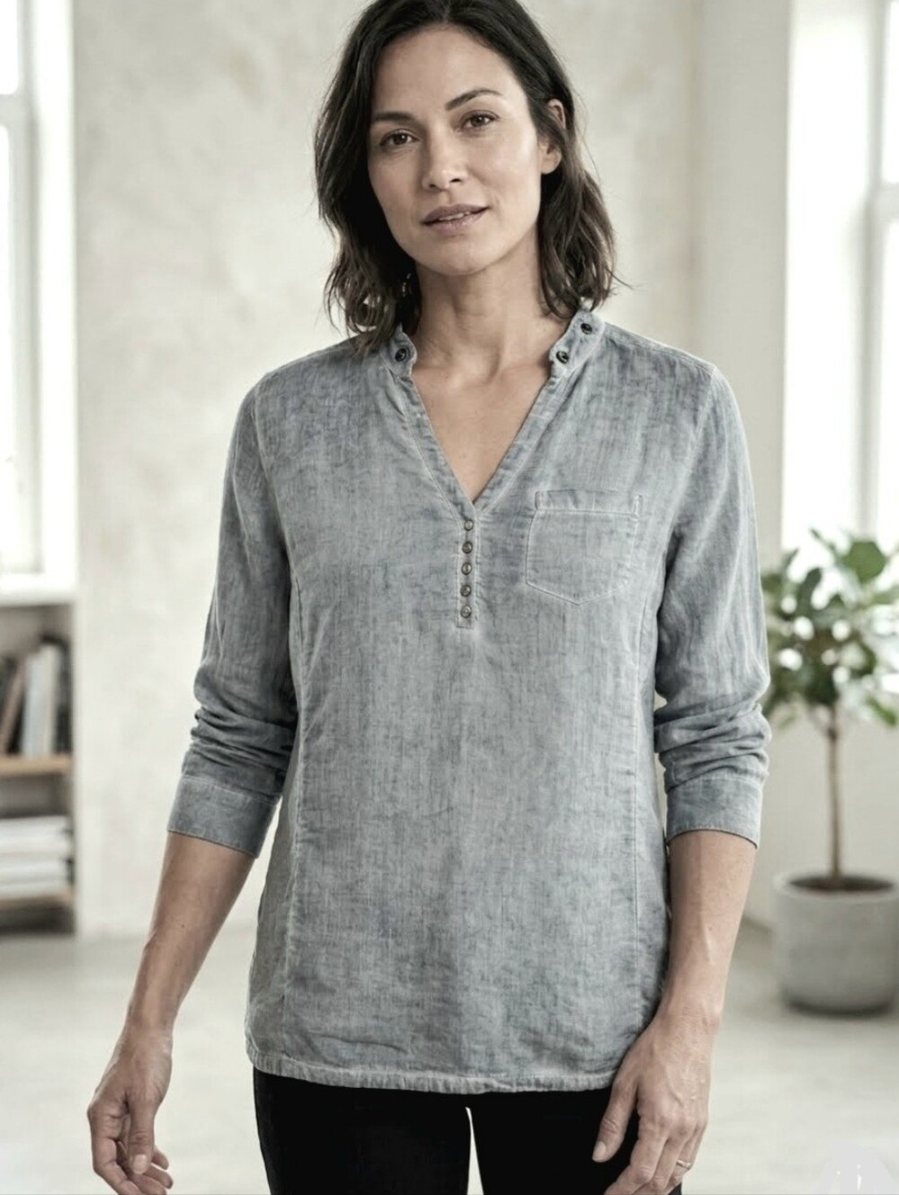 BIBA Chambray Blouse Soft Washed Cotton Modal Tunic Shirt Size L
